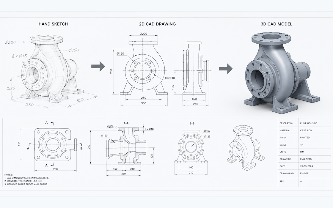 Hand sketch inot CAD model conversion